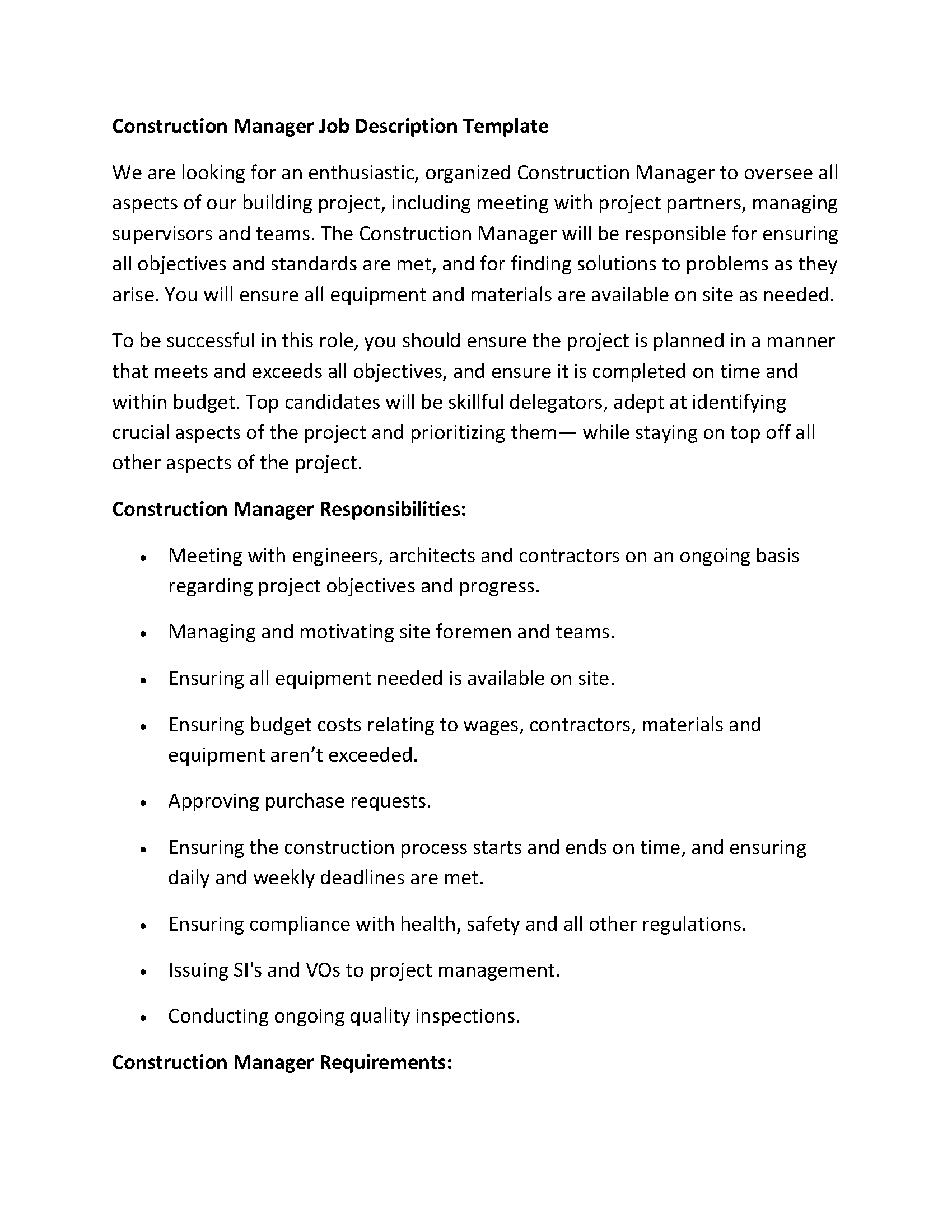 Construction Manager Job Description Template